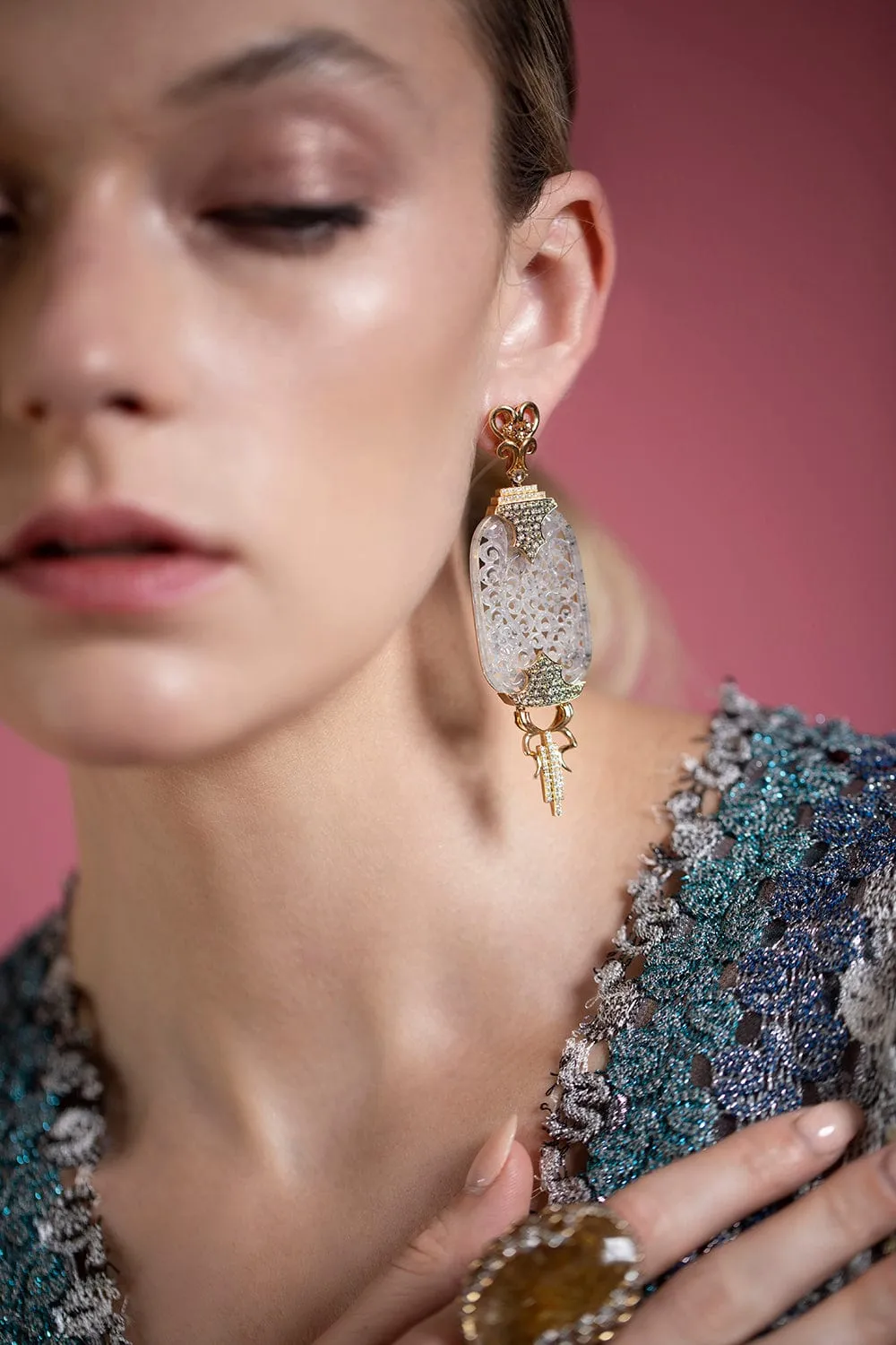 Carved Jade and Fancy Diamond Earrings