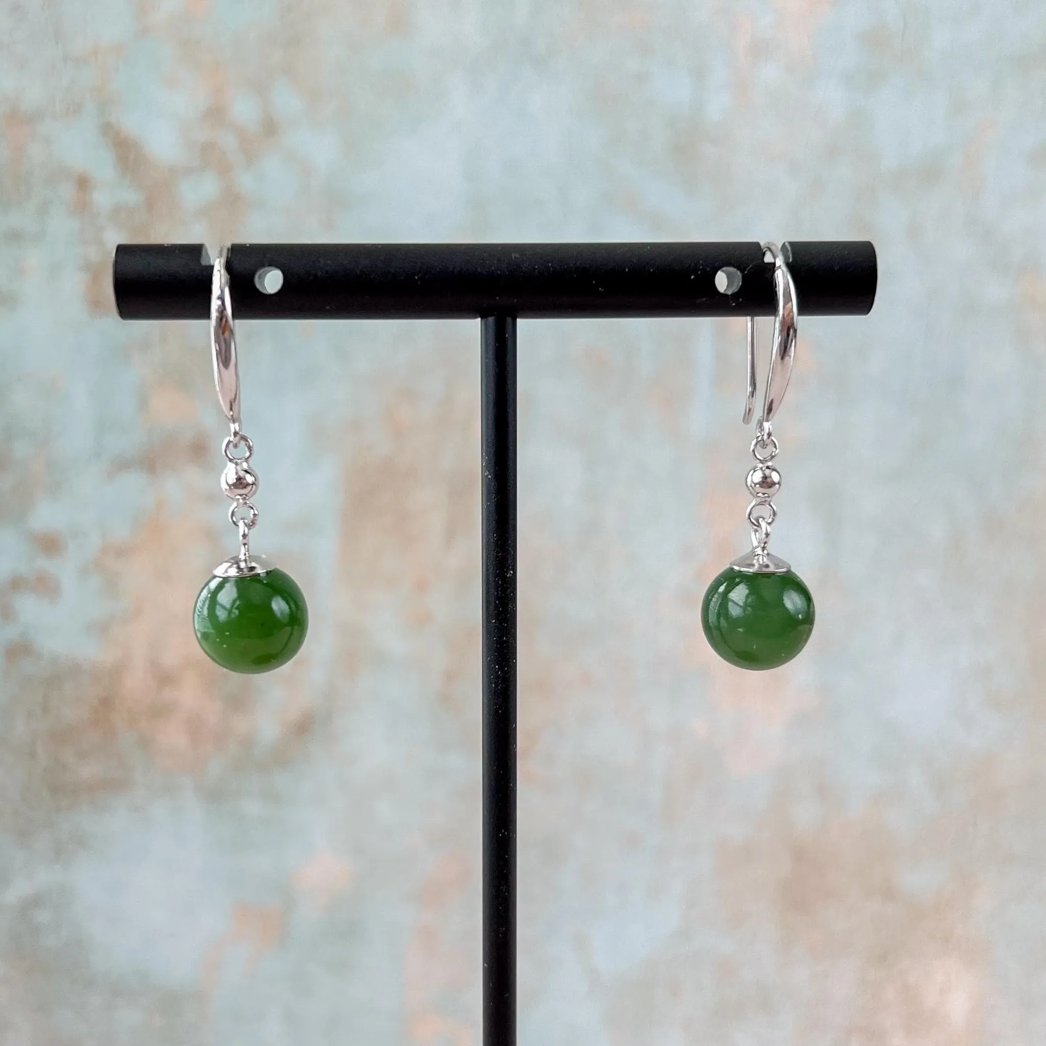 Classic Jade Orbs Earring, Style 2, Green Nephrite Jade Sterling Silver Earrings, JSY-0424-12029