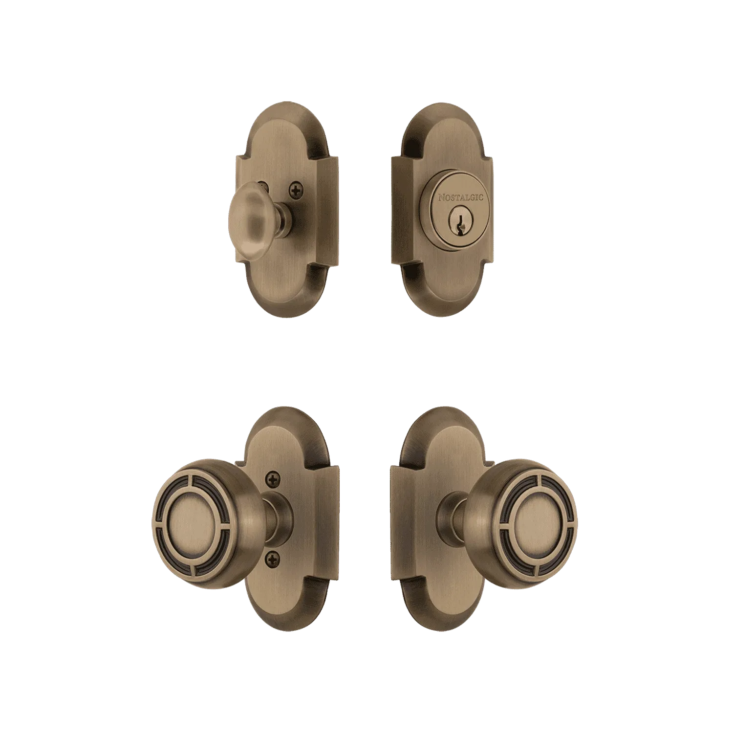 Cottage Entry Set with Mission Knob in Antique Brass
