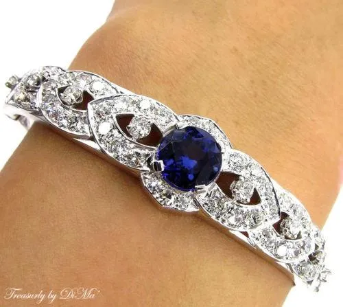 ESTATE VINTAGE 5.53CT DEEP VIOLET BLUE TANZANITE DIAMOND BANGLE BRACELET 14KWG