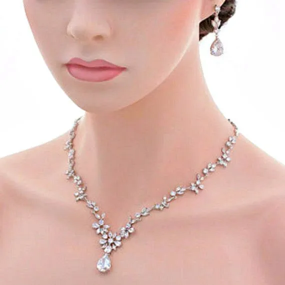 Gold Cubic Zirconia Bridal Jewelry Set. CZ Crystal Wedding Necklace Set. Gold Floral Vine Necklace Earrings Wedding Jewelry Set.