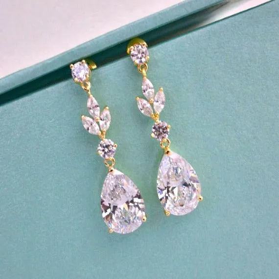 Gold Cubic Zirconia Bridal Jewelry Set. CZ Crystal Wedding Necklace Set. Gold Floral Vine Necklace Earrings Wedding Jewelry Set.