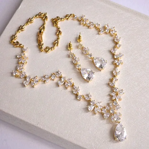Gold Cubic Zirconia Bridal Jewelry Set. CZ Crystal Wedding Necklace Set. Gold Floral Vine Necklace Earrings Wedding Jewelry Set.
