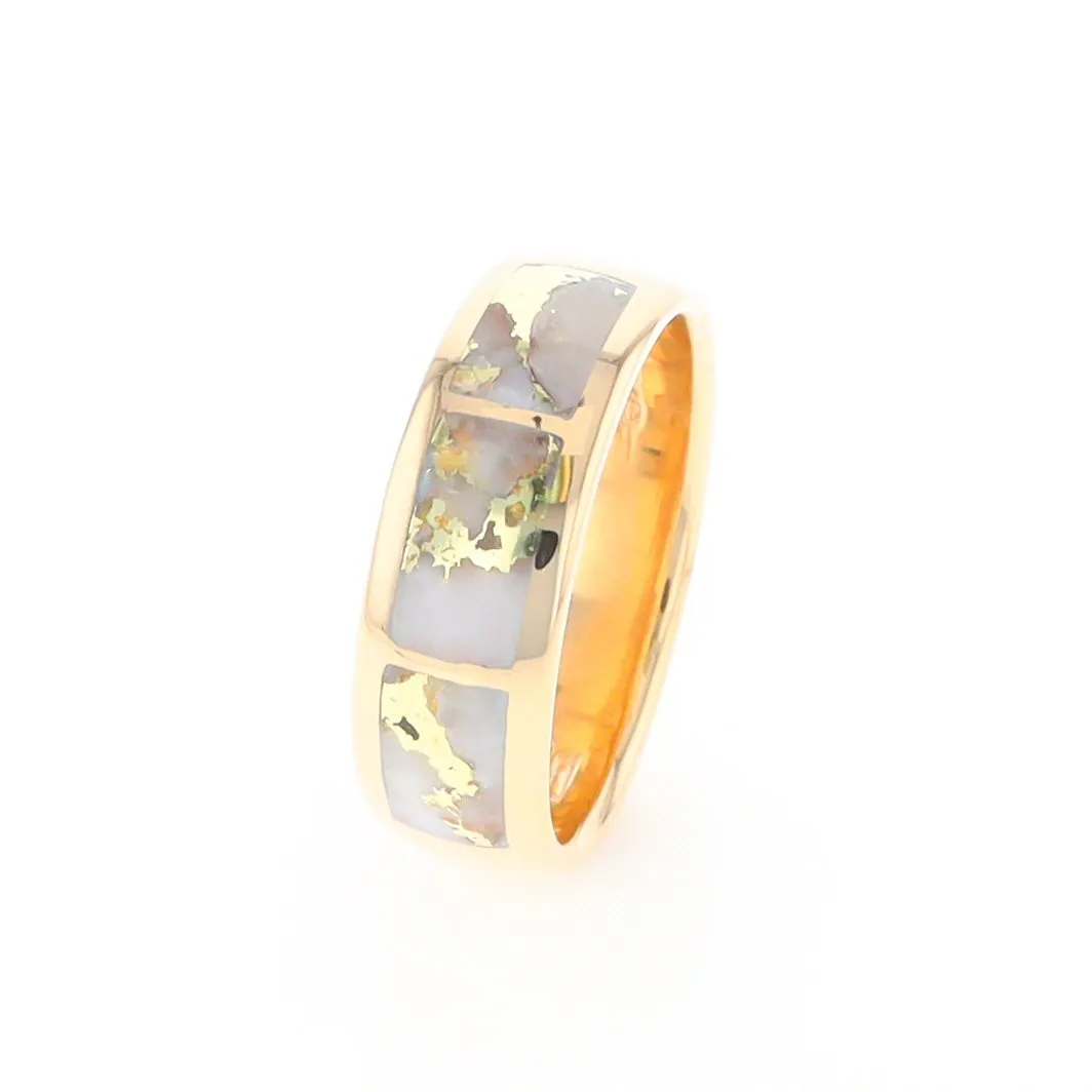 Gold Quartz Ring 3 Section Rectangle Inlaid Band