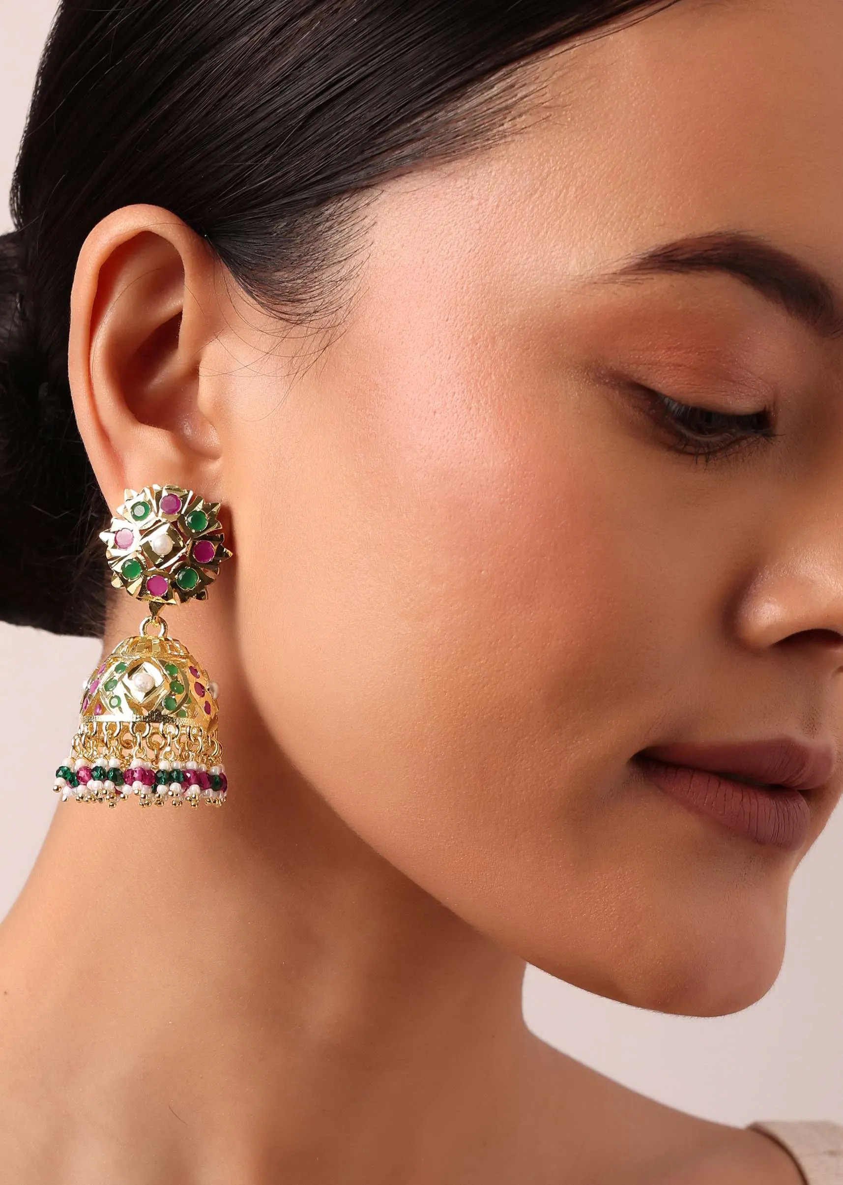 Gold Tone Kundan Jhumkas With Multi Bead Drops