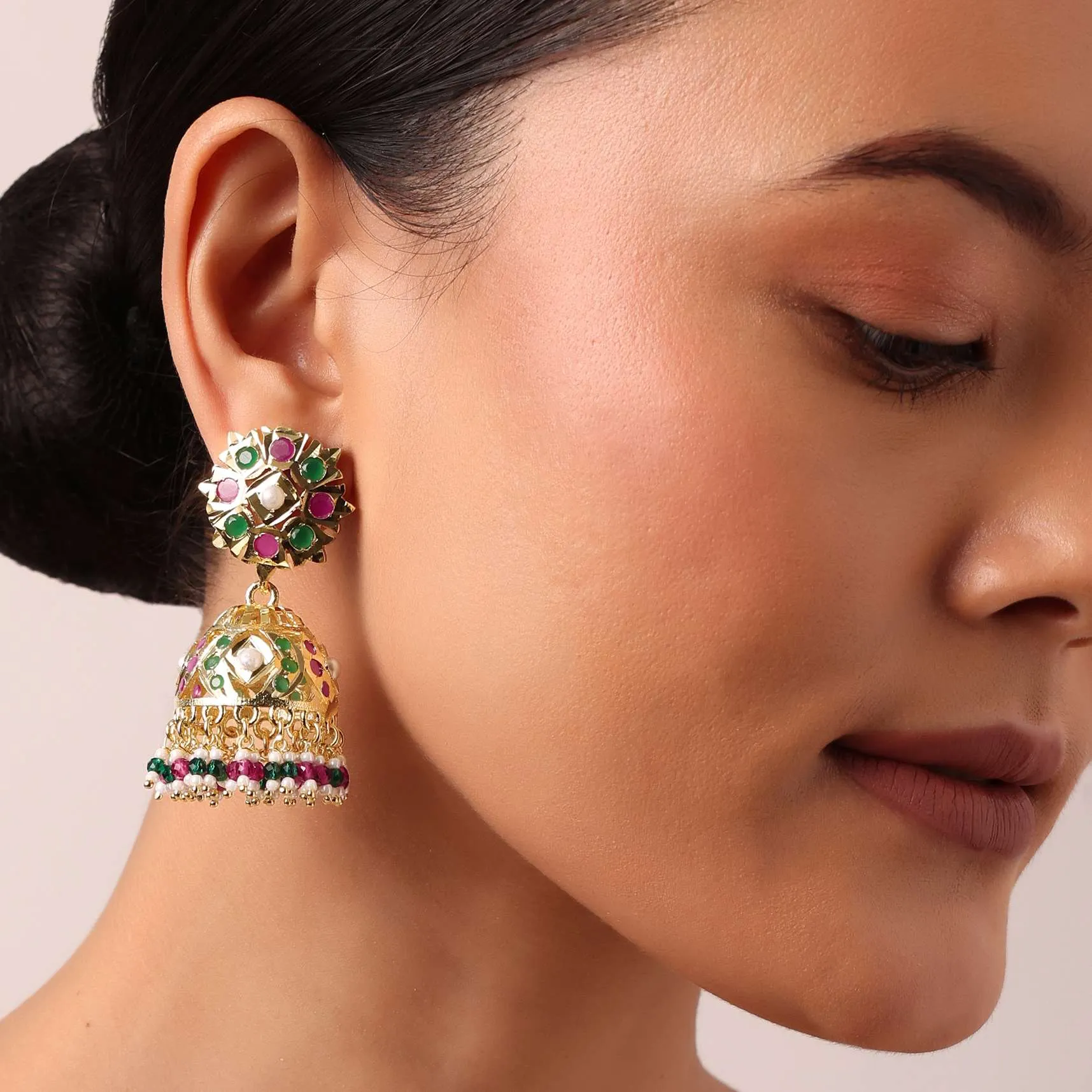 Gold Tone Kundan Jhumkas With Multi Bead Drops
