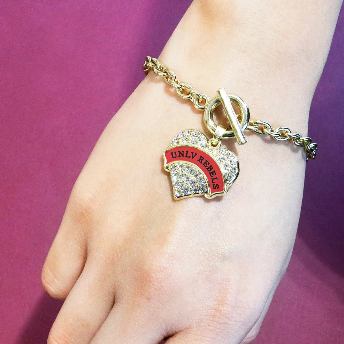 Gold UNLV Rebels [NCAA] Pave Heart Charm Toggle Bracelet