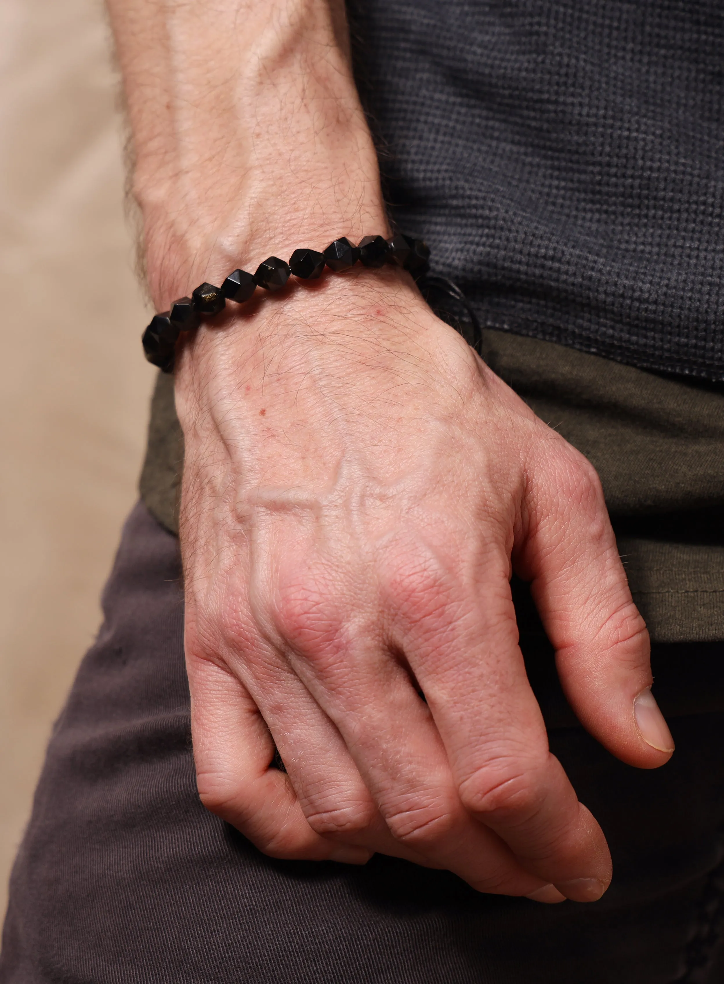 Golden Obsidian and Sterling Silver Bead Bracelet for Men