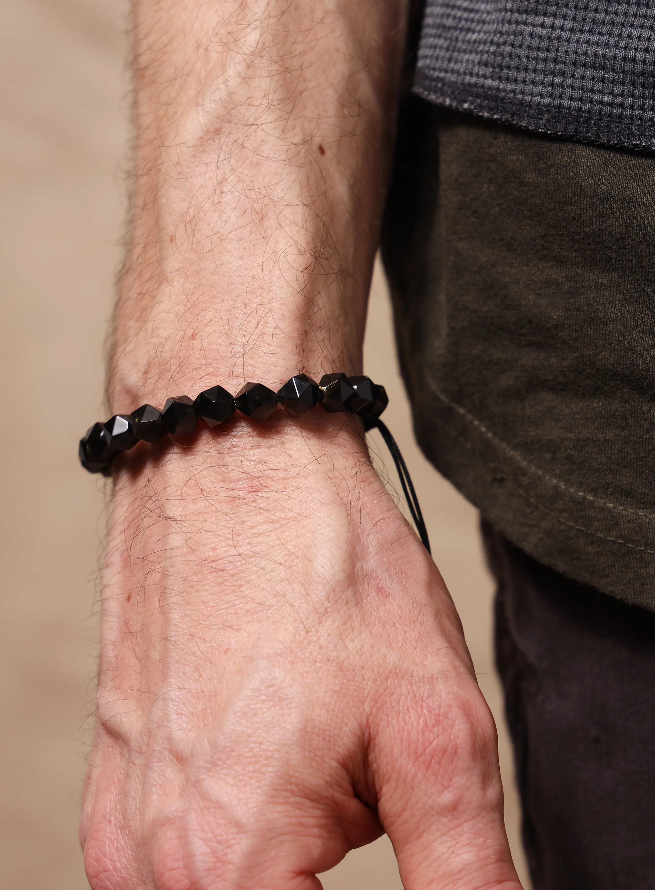 Golden Obsidian and Sterling Silver Bead Bracelet for Men