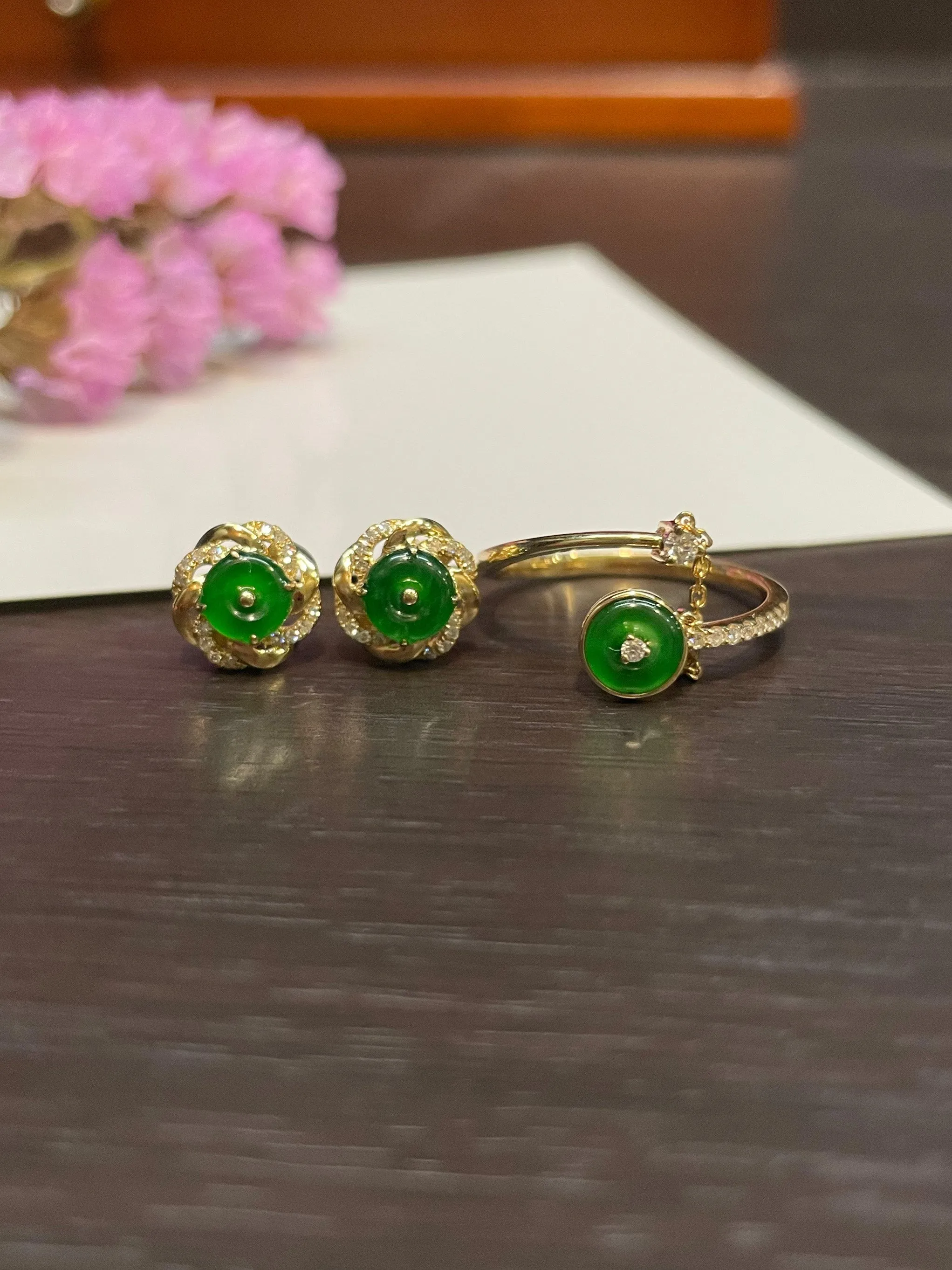 Green Jadeite Safety Coin Ring & Earrings - 平安扣 (NJS006)