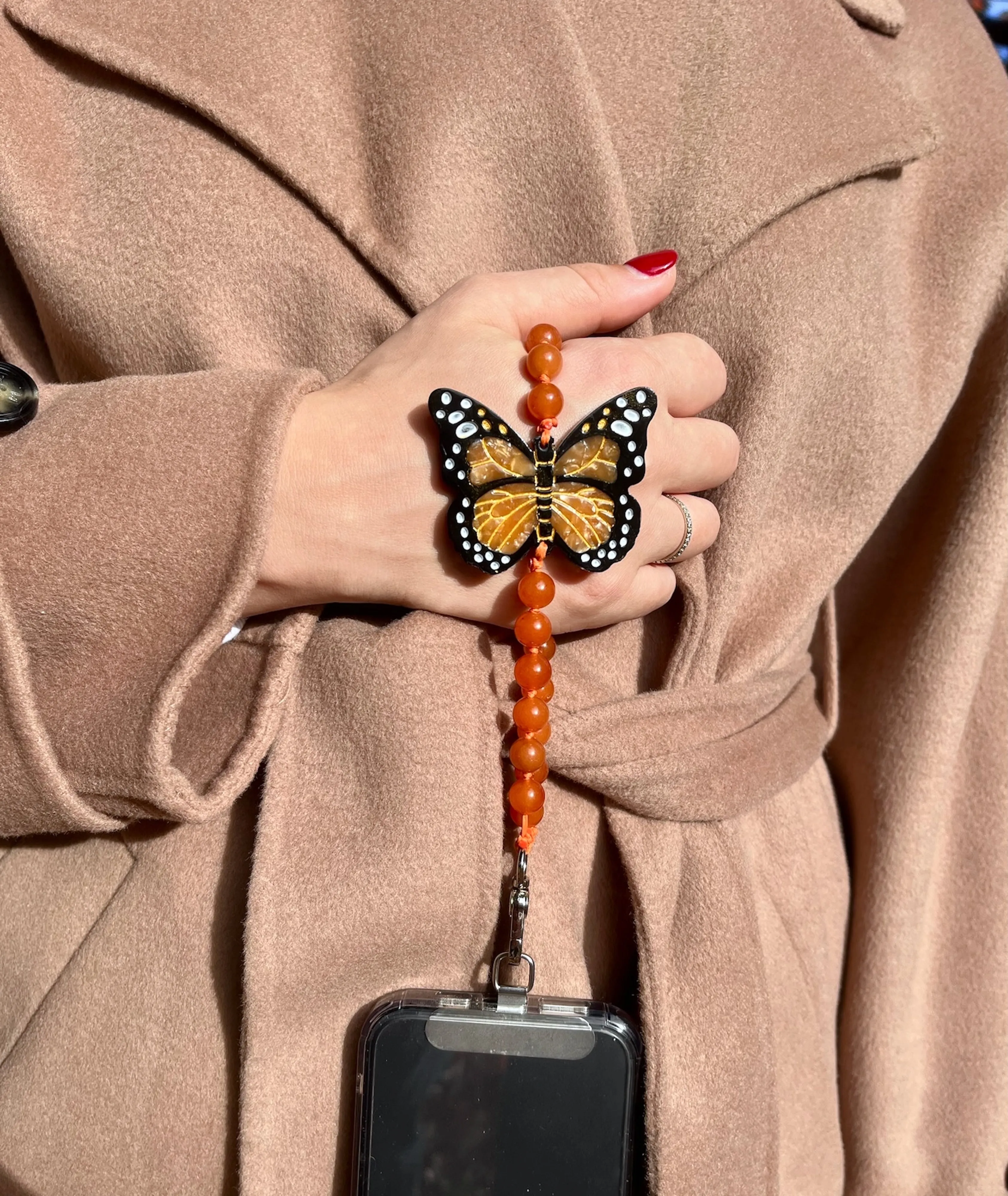 Hand-painted Monarch Butterfly Gemstone Bracelet Phone Chain