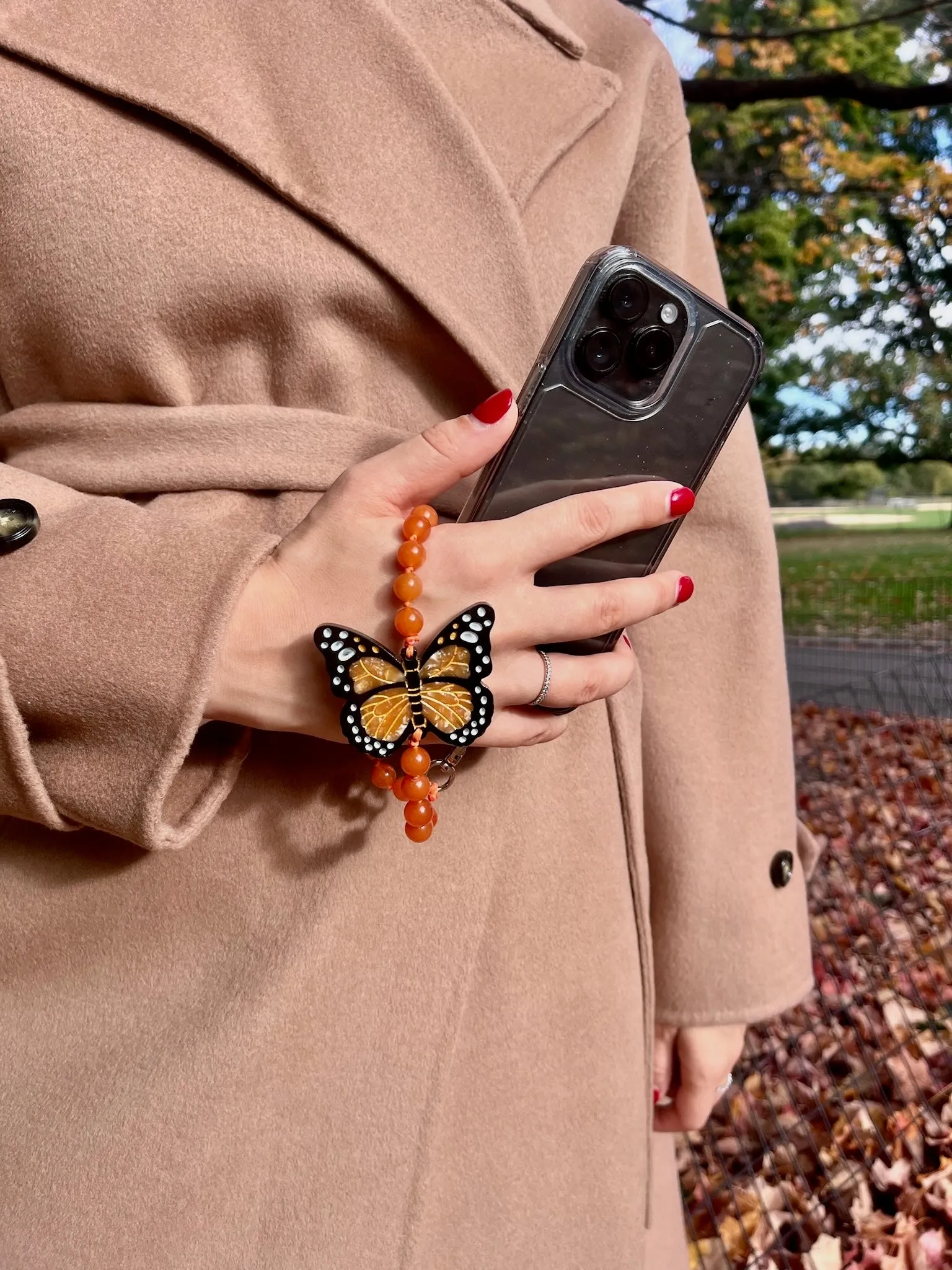 Hand-painted Monarch Butterfly Gemstone Bracelet Phone Chain