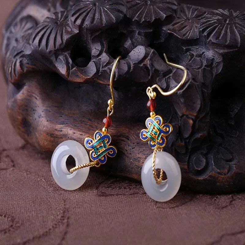 Handcrafted Cloisonné White Jade Earrings