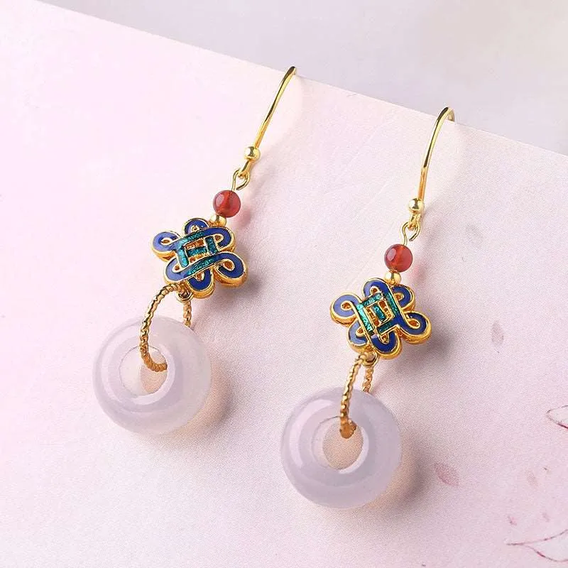 Handcrafted Cloisonné White Jade Earrings