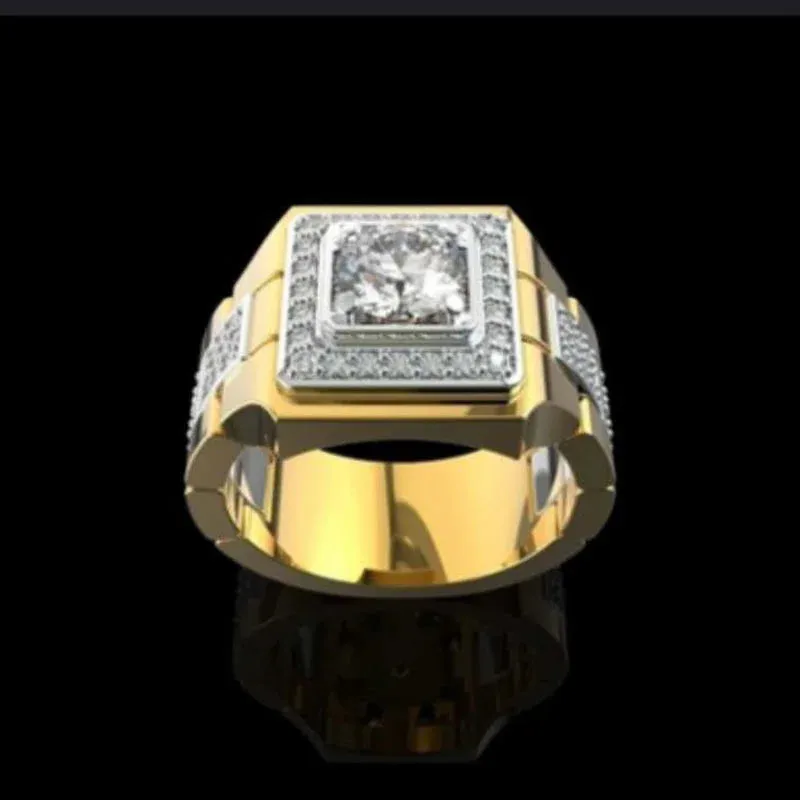 Hot Sale Popular Inlaid Crystal Wide Face Watch Style Men's Ring Banquet Business Male Ring Jewelry Size 6-13