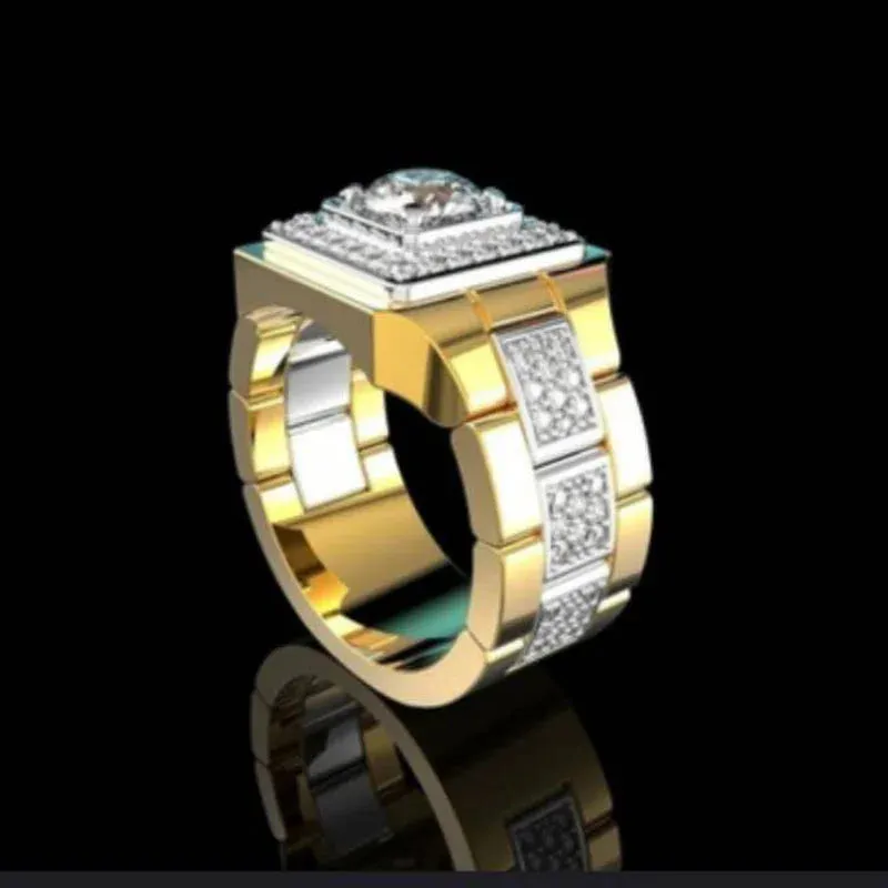 Hot Sale Popular Inlaid Crystal Wide Face Watch Style Men's Ring Banquet Business Male Ring Jewelry Size 6-13