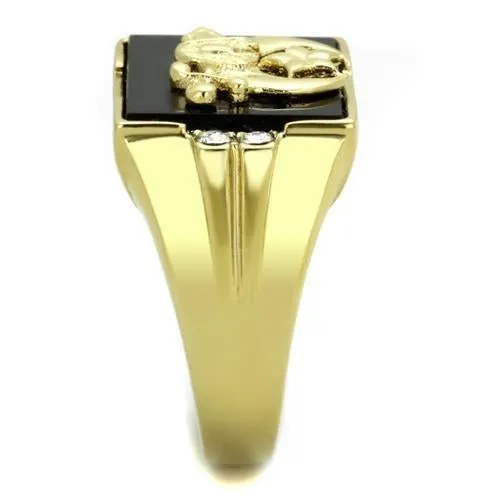 IP Gold(Ion Plating) Stainless Steel Ring with Synthetic Onyx in Jet for Women Style TK1890