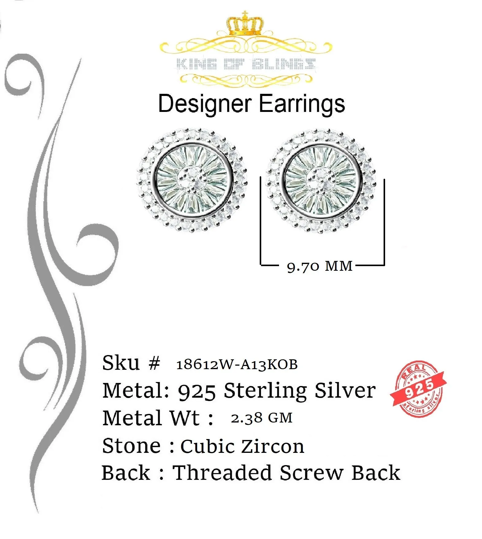 King of Blings- 0.52ct Cubic Zirconia 925 White Sterling Silver Women's Hip Hop Round Earrings