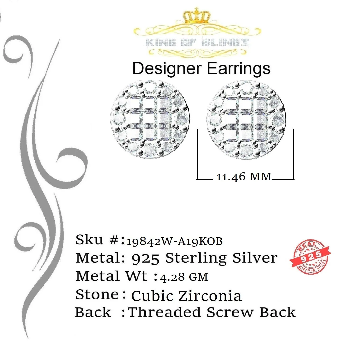 King of Blings- 3.46ct Cubic Zirconia 925 White Sterling Silver Women's Hip Hop Round Earrings