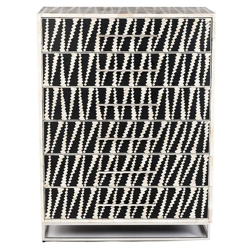 Malawi Bone Inlay 6 Drawer Tallboy Black White