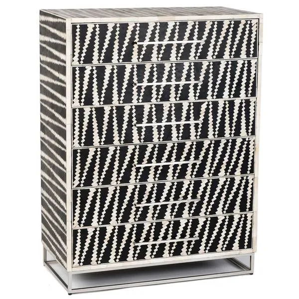 Malawi Bone Inlay 6 Drawer Tallboy Black White