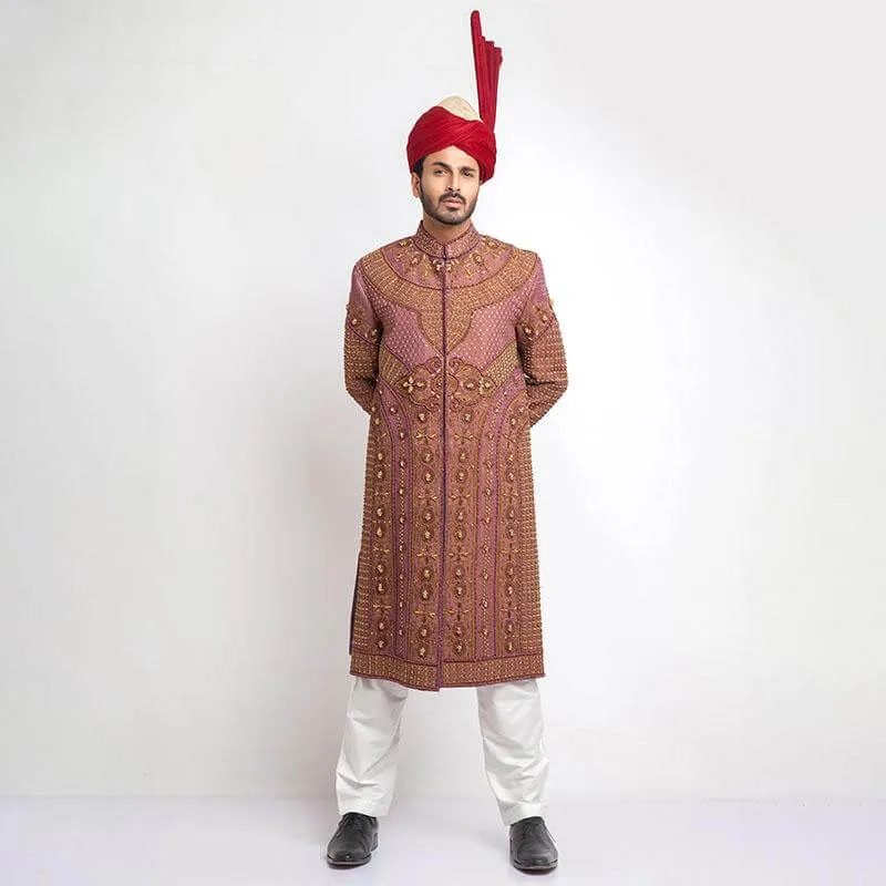 Pink and Copper Pure Jamavar Silk Form Fitted Sherwani