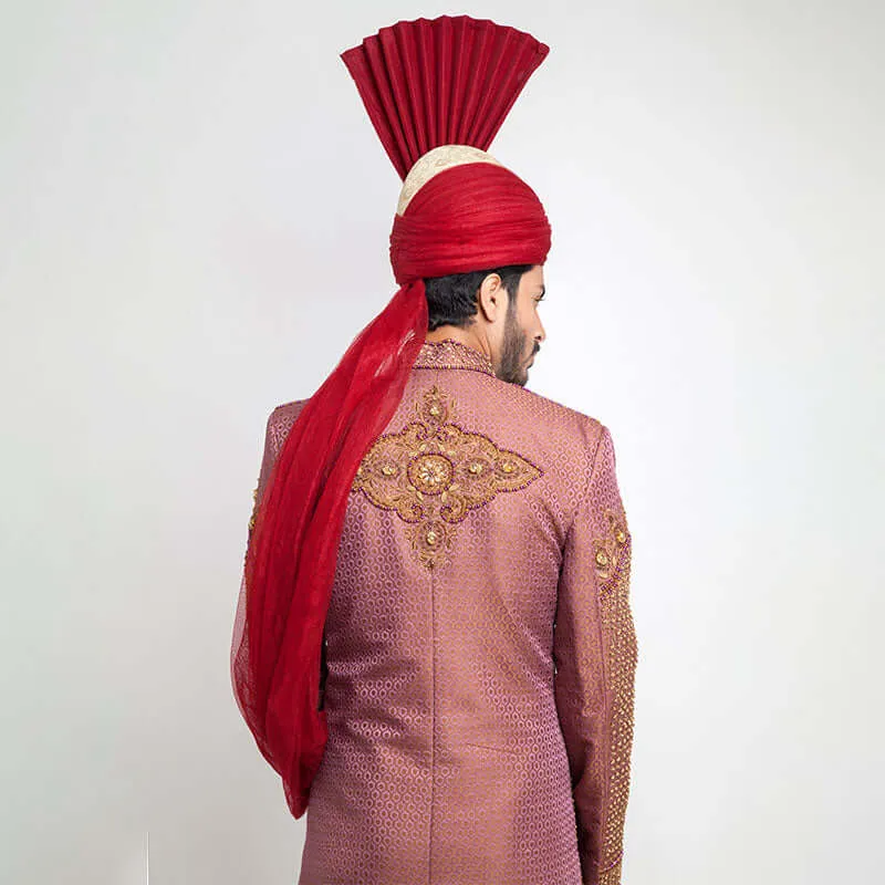 Pink and Copper Pure Jamavar Silk Form Fitted Sherwani