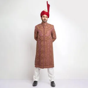 Pink and Copper Pure Jamavar Silk Form Fitted Sherwani