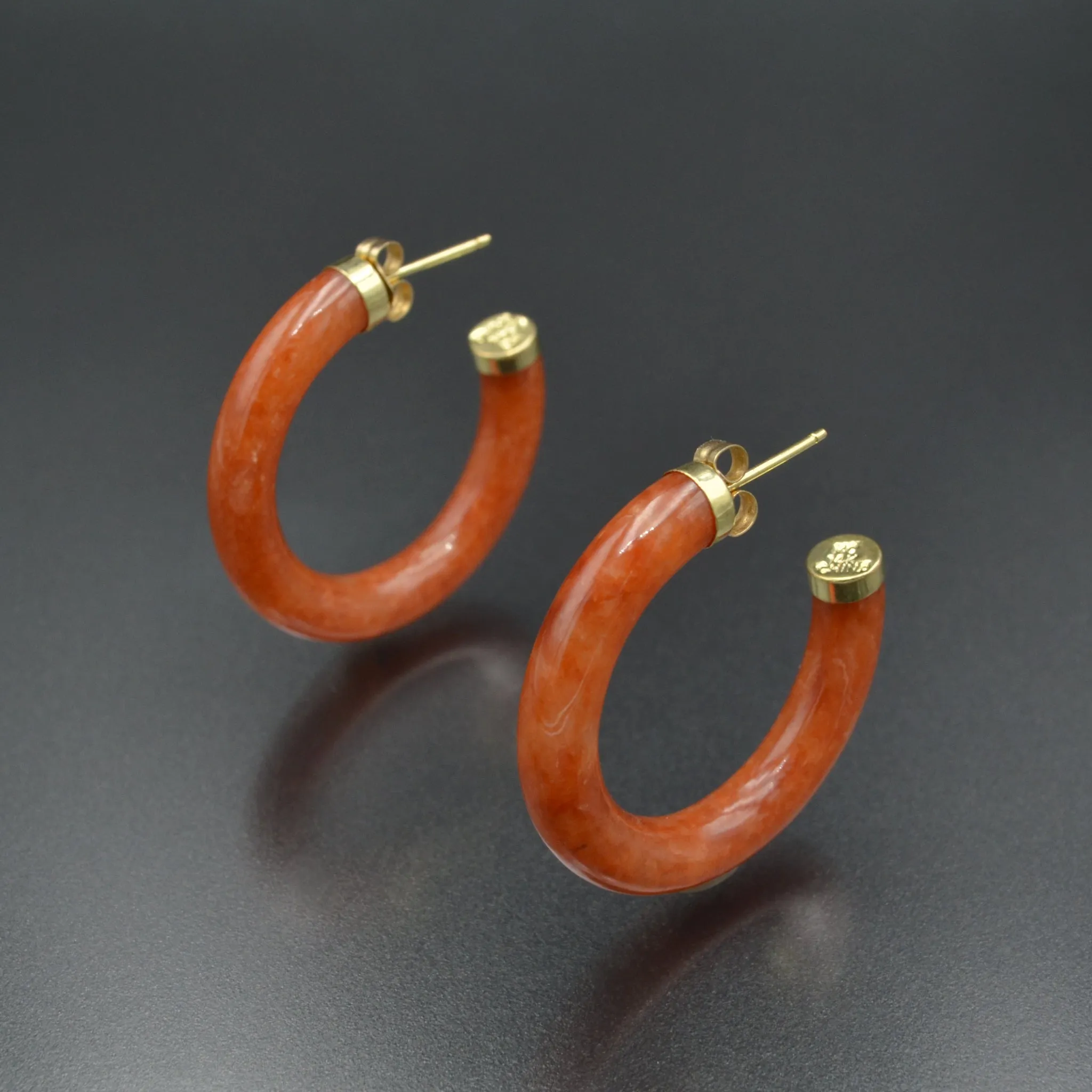 Red Jade and Gold Hoop Earrings