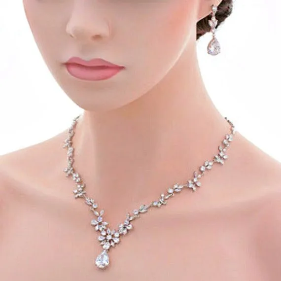 Rose Gold Cubic Zirconia Bridal Jewelry Set. CZ Crystal Wedding Necklace Set. Rose Gold Floral Vine Necklace Earrings Wedding Jewelry Set.
