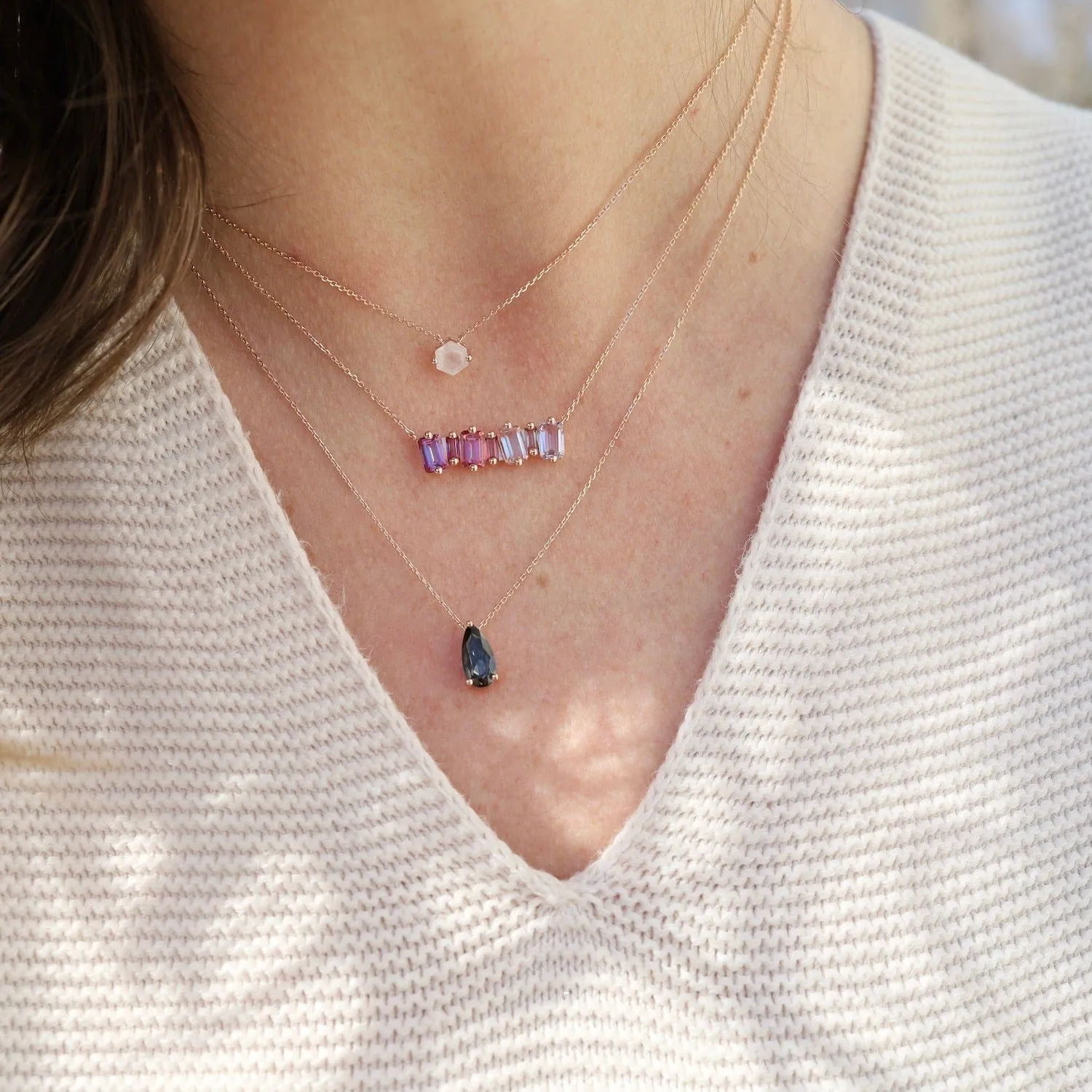 Rose Gold Ombre Pink Topaz Bar Necklace