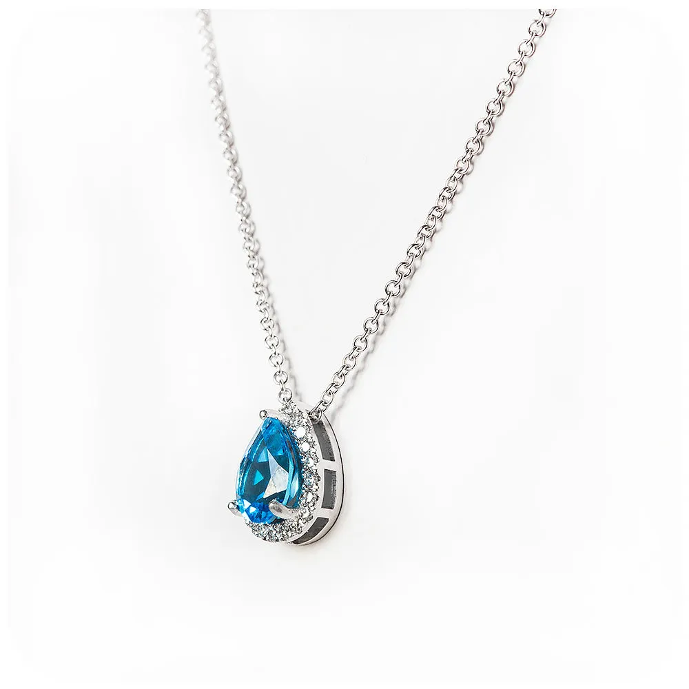 Sage, a Pear cut Swiss Blue Topaz and Diamond Necklace