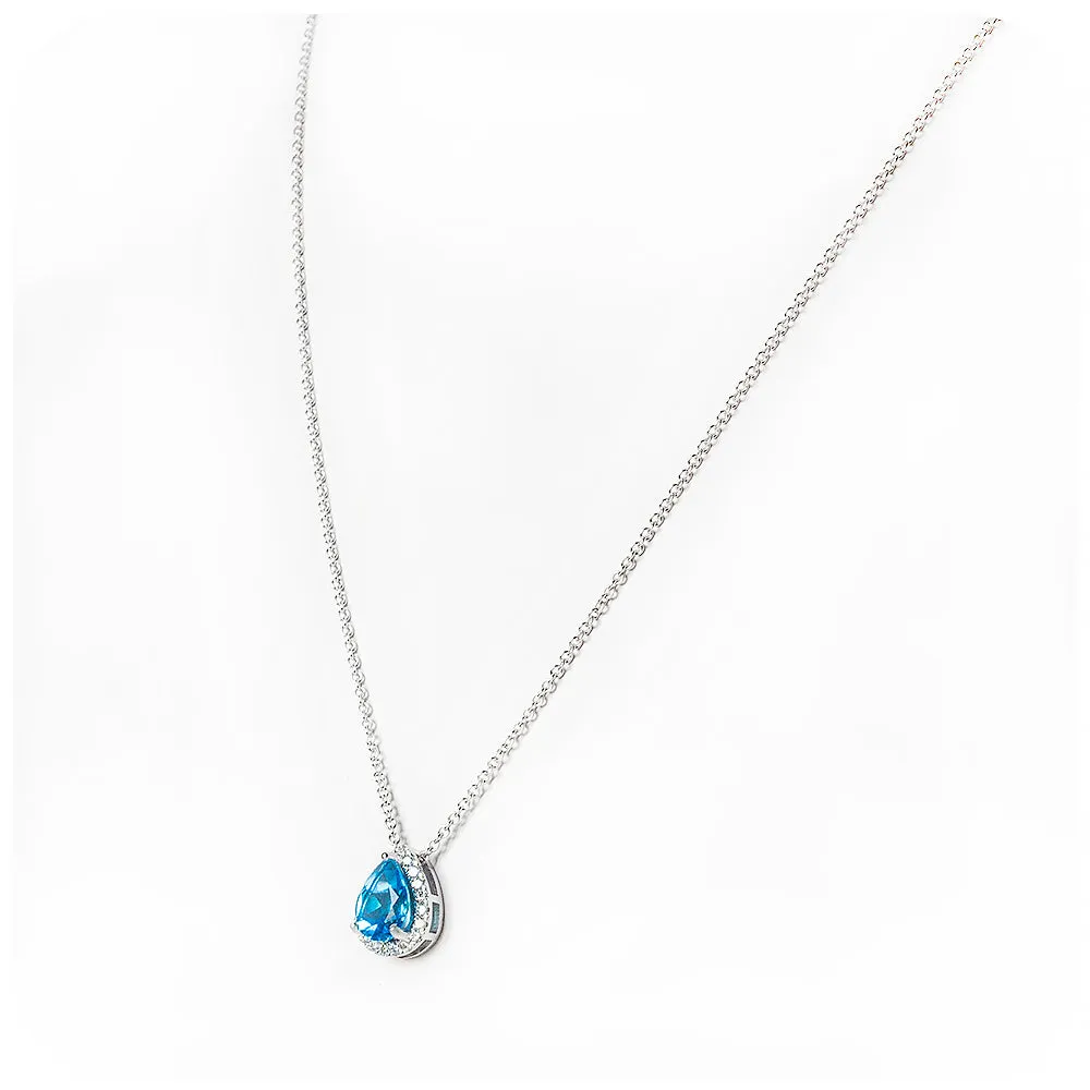 Sage, a Pear cut Swiss Blue Topaz and Diamond Necklace