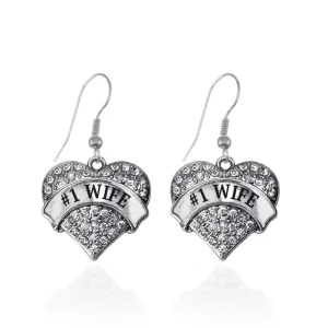 Silver #1 Wife Pave Heart Charm Dangle Earrings