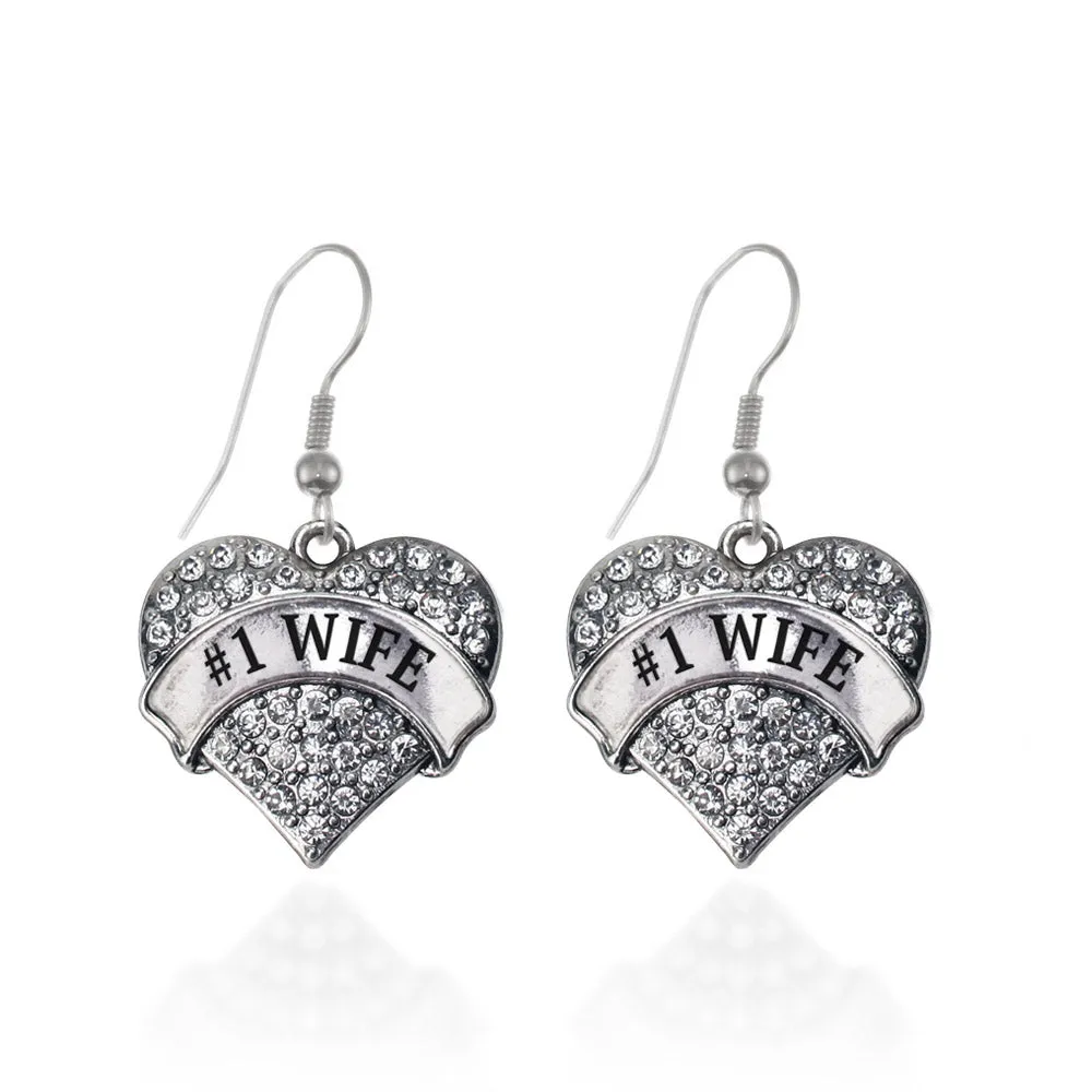 Silver #1 Wife Pave Heart Charm Dangle Earrings