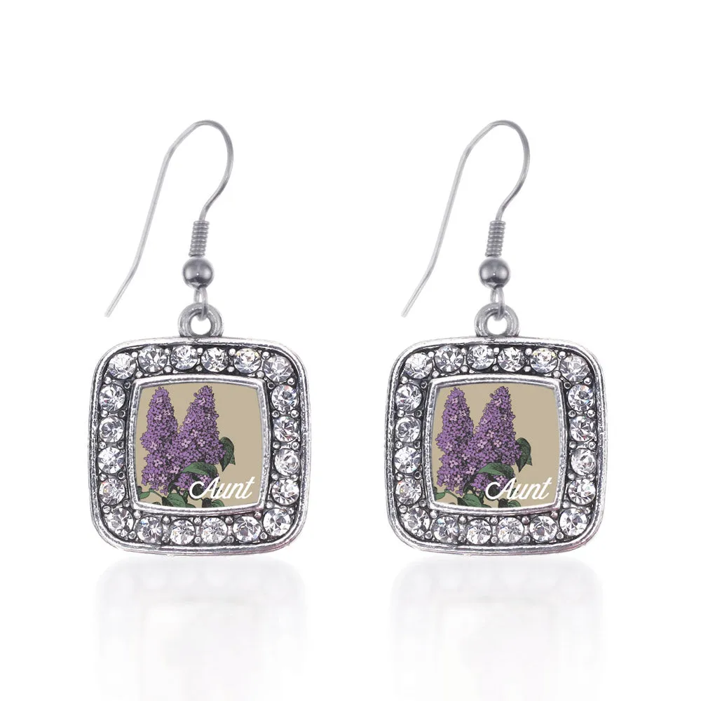 Silver Aunt Lilac Flower Square Charm Dangle Earrings