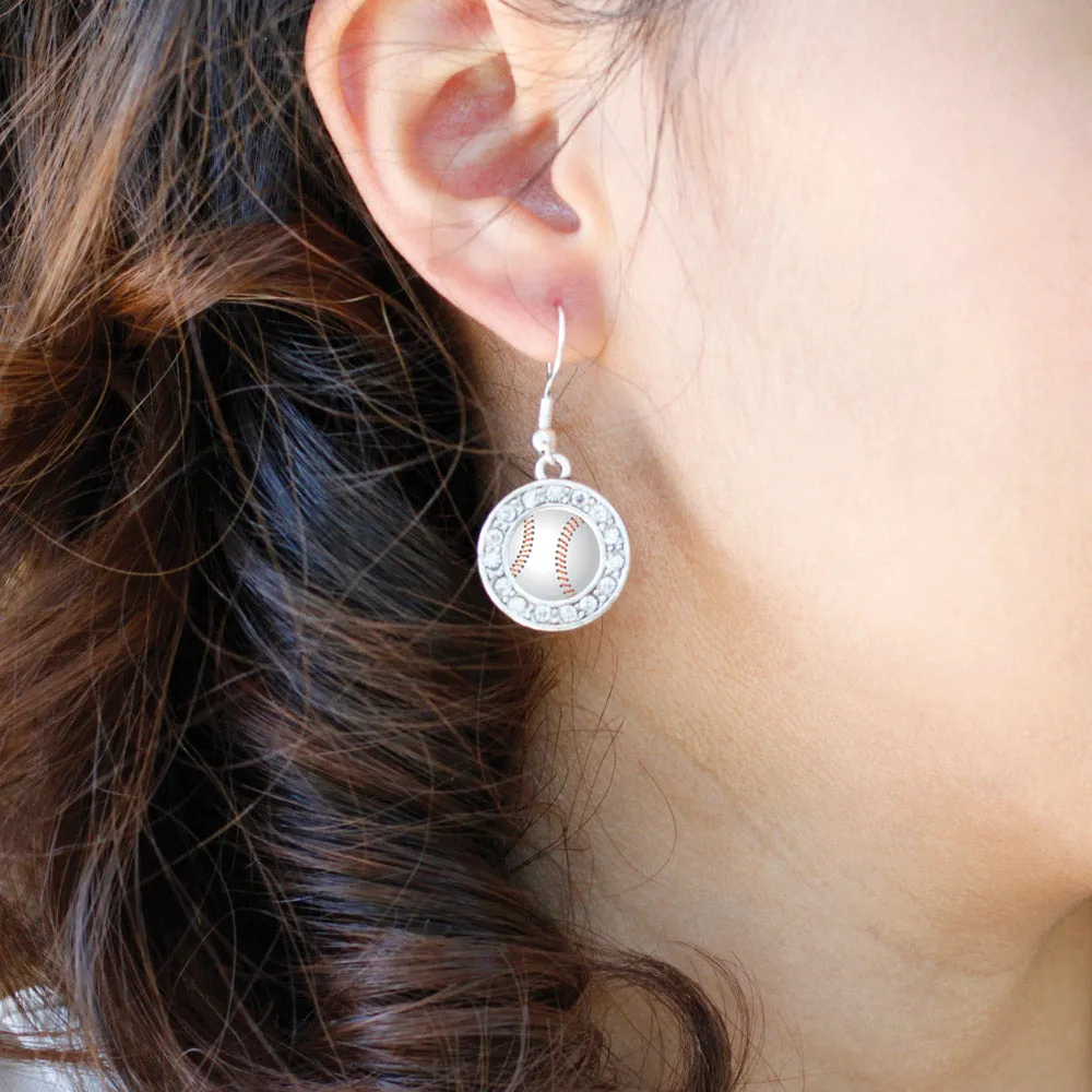 Silver Baseball Circle Charm Dangle Earrings