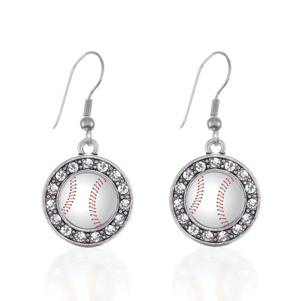 Silver Baseball Circle Charm Dangle Earrings