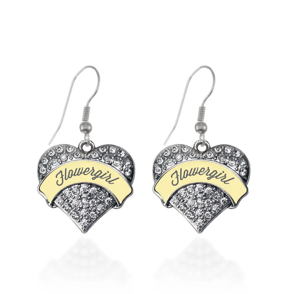 Silver Cream Flower Girl Pave Heart Charm Dangle Earrings