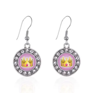 Silver Crown Emoji Circle Charm Dangle Earrings