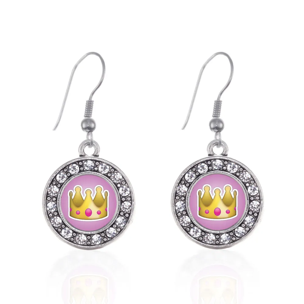 Silver Crown Emoji Circle Charm Dangle Earrings