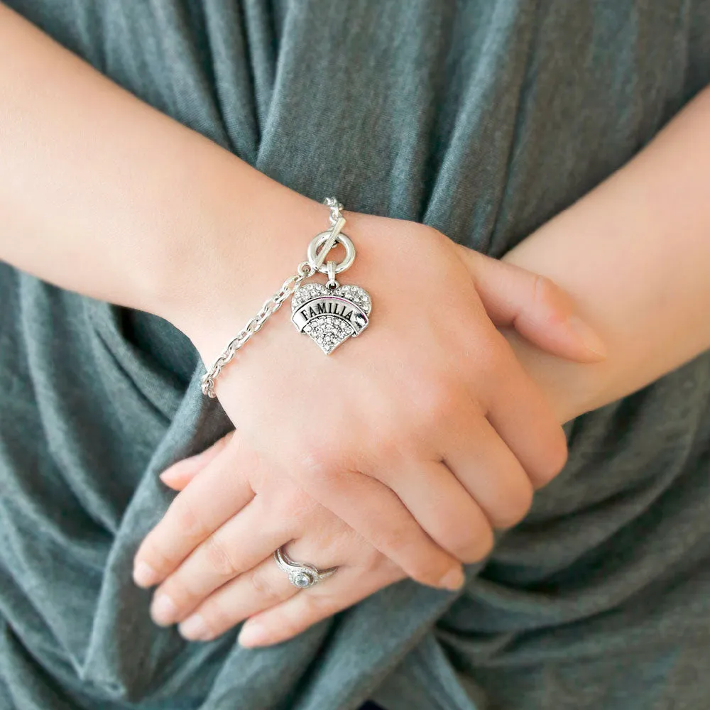 Silver Familia (Spanish) Pave Heart Charm Toggle Bracelet