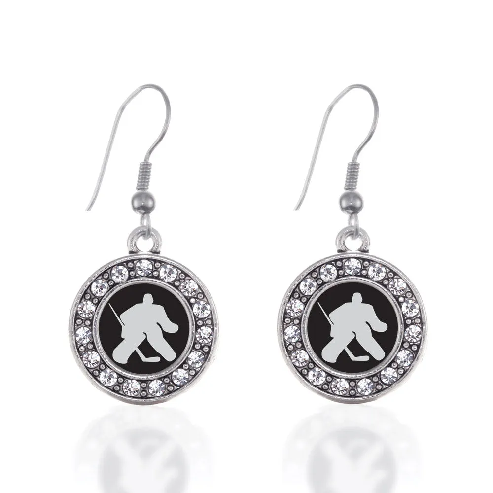 Silver Goalie Circle Charm Dangle Earrings