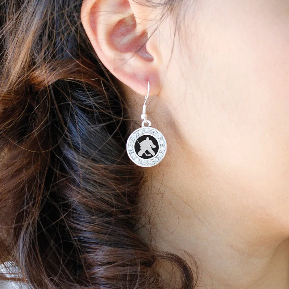 Silver Goalie Circle Charm Dangle Earrings