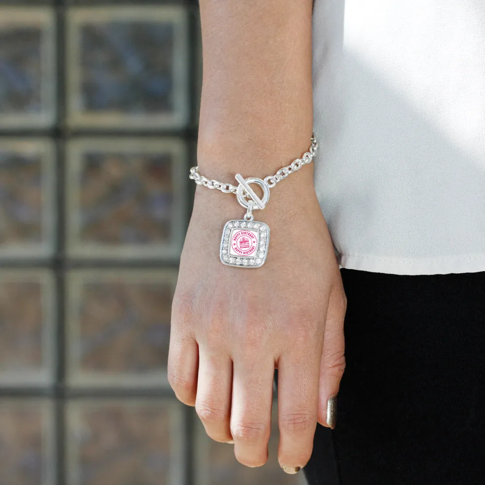 Silver Happy Birthday Square Charm Toggle Bracelet