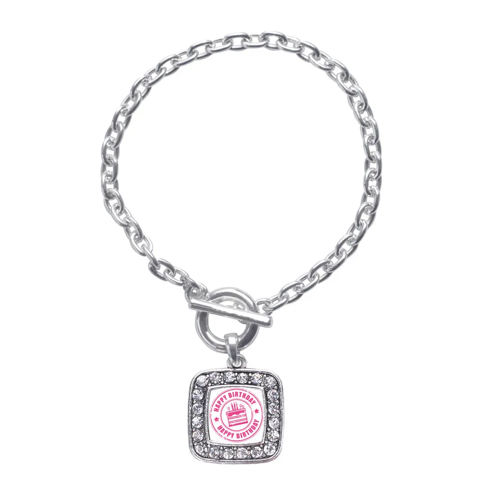 Silver Happy Birthday Square Charm Toggle Bracelet