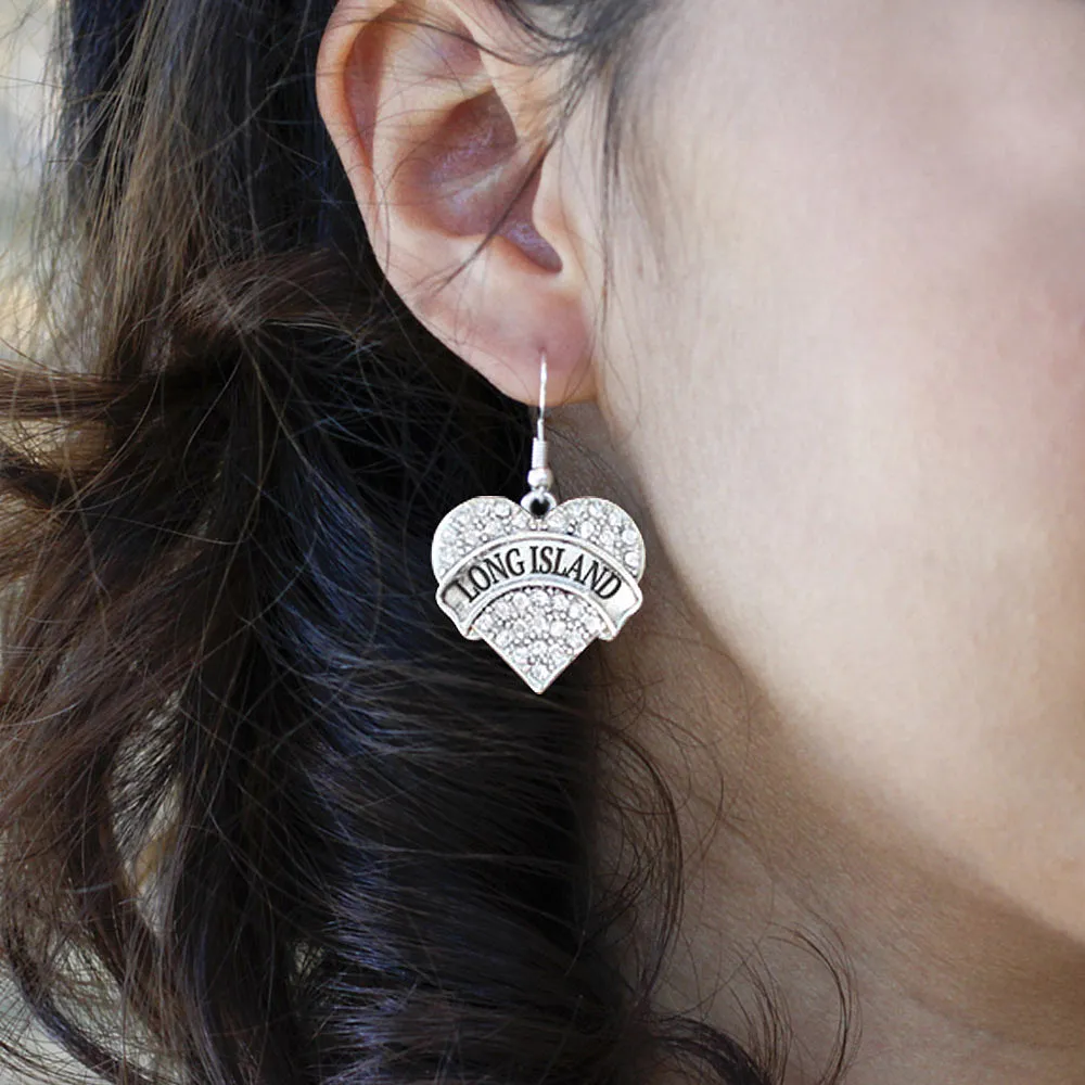 Silver Long Island Pave Heart Charm Dangle Earrings