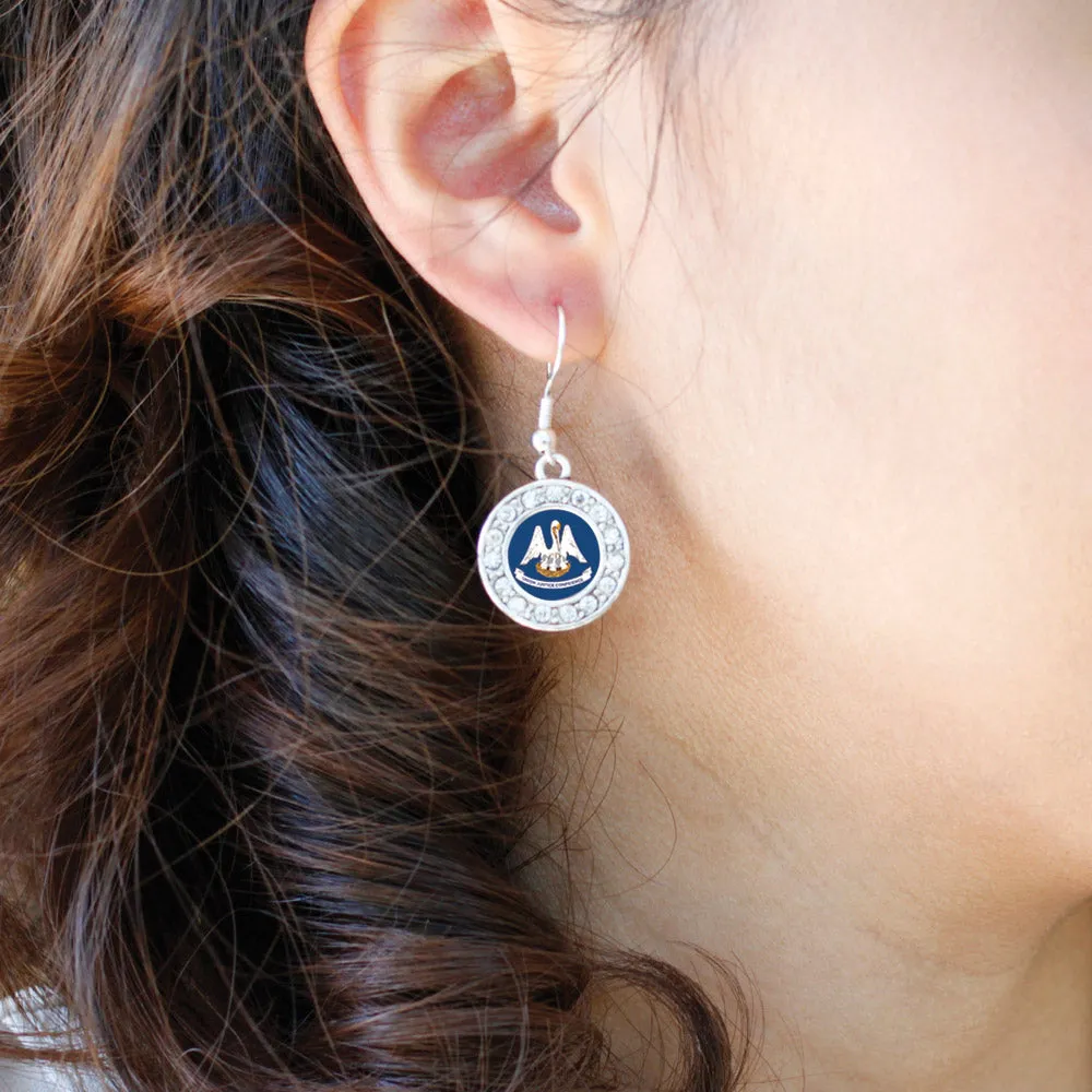 Silver Louisiana Flag Circle Charm Dangle Earrings