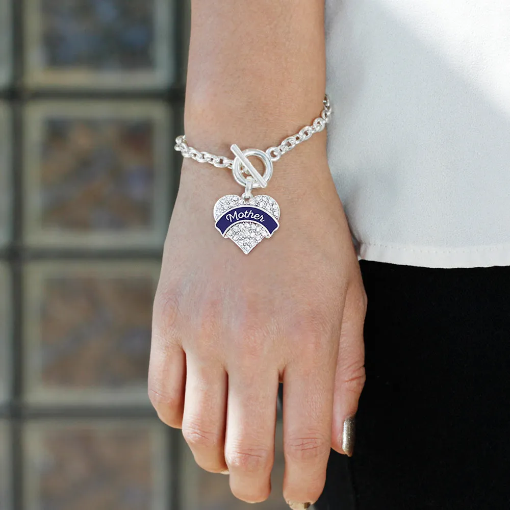 Silver Navy Blue Mother Pave Heart Charm Toggle Bracelet