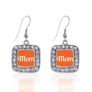 Silver Orange Mom Square Charm Dangle Earrings